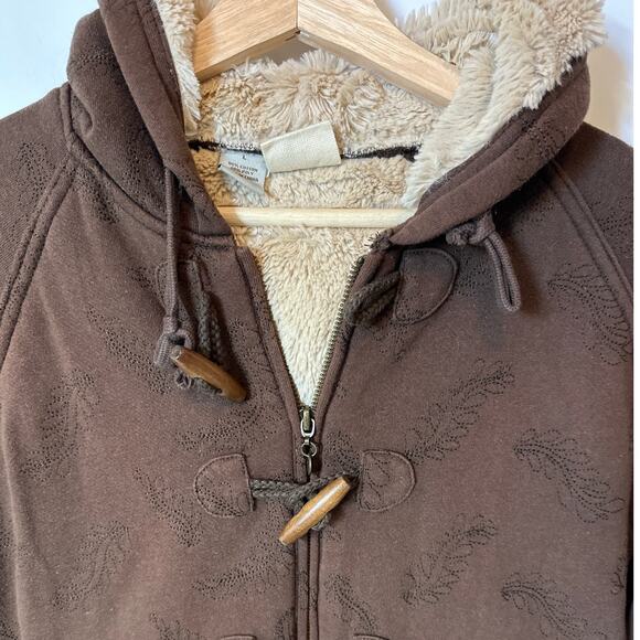 O’Neill High Pile Fleece Lined Hoodie Jacket Toggle Buttons Brown Sz L * Fits Sm - Picture 2 of 10